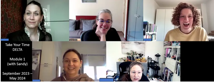 Zoom grid of five smiling Take Your Time DELTA Module 1 participants with trainer Sandy Millin, from the September 2023 to May 2024 course.