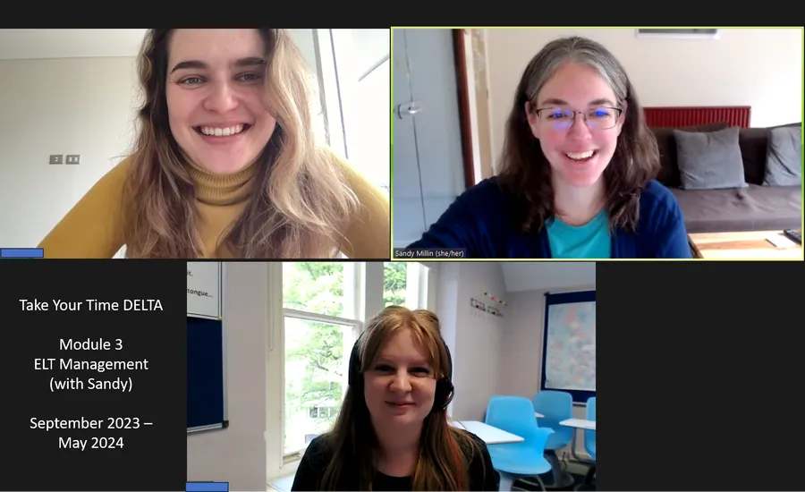 Zoom grid of three smiling Take Your Time DELTA Module 3 ELT Management participants with trainer Sandy Millin, from the September 2023 to May 2024 course.