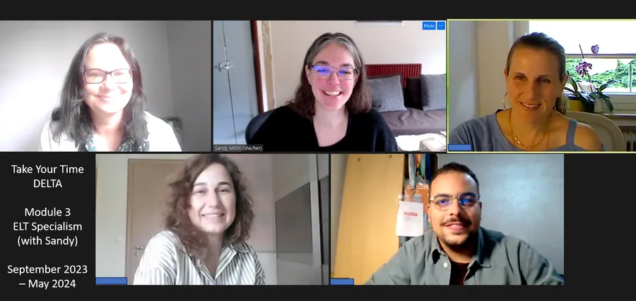 Zoom grid of five smiling Take Your Time DELTA Module 3 ELT Specialism participants with trainer Sandy Millin, from the September 2023 to May 2024 course.